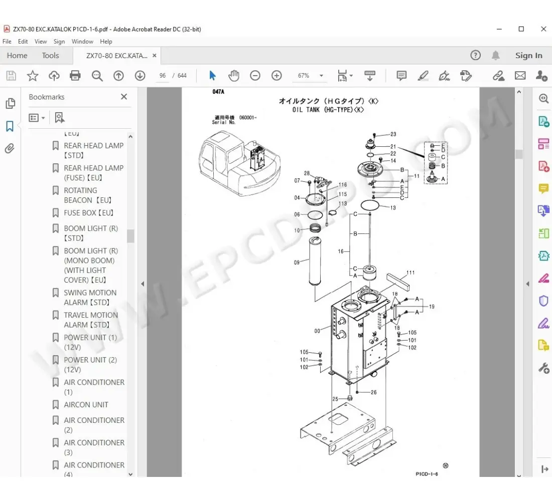 Hitachi Excavator Zaxis ZX70 ZX80 spare parts manual